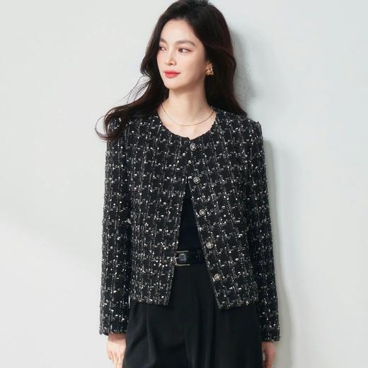 【高货sh】全新升级【铂金会员349/天猫469/差价120】(05436) 洛诗琳25春法式亮片格纹小香风外套黑色显瘦百搭上衣 商品图3