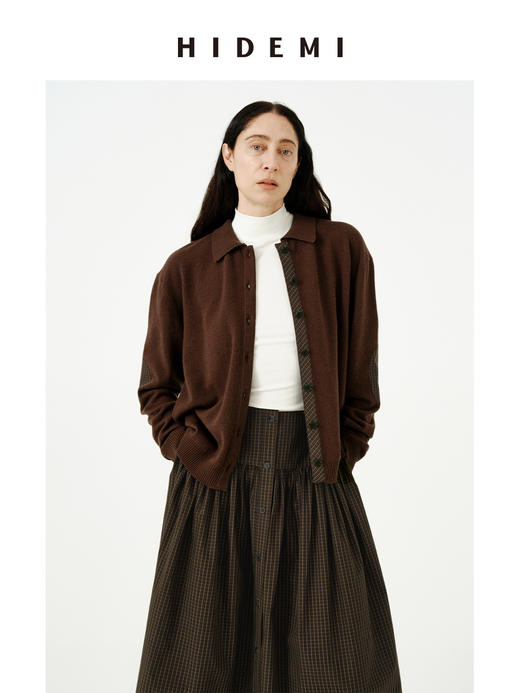 HIDEMI美利奴羊毛巧克力色拼接格纹设计感拼接纽扣圆领开衫毛衣 商品图4