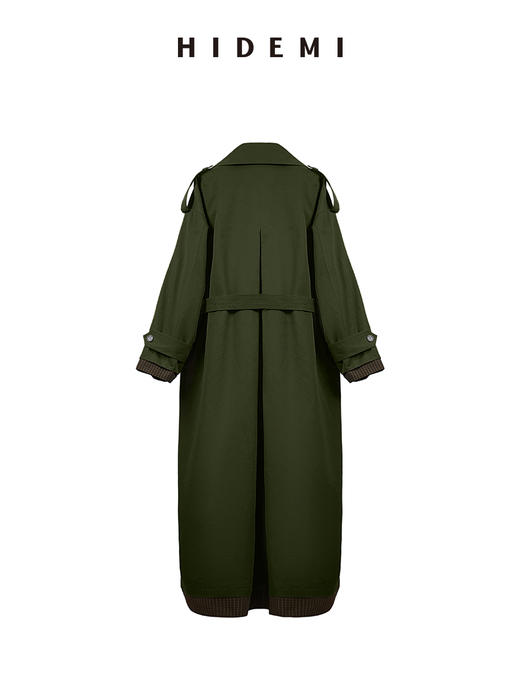 HIDEMI极简设计感色织格纹拼接斗篷式飞行员长款可拆卸腰带风衣女 商品图9