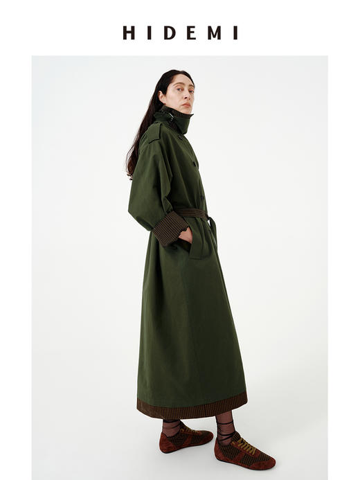 HIDEMI极简设计感色织格纹拼接斗篷式飞行员长款可拆卸腰带风衣女 商品图6