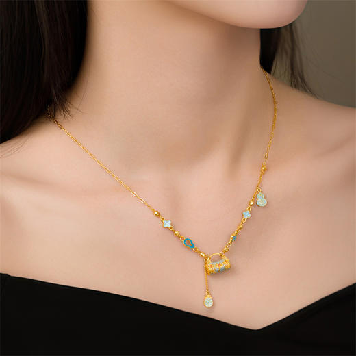 【热卖臻品】典粹系列黄金足金古法金高温珐琅锁包项链薄荷蓝中国风套链【按克计价黄金2】MEMORA诗普琳GN246501 商品图2