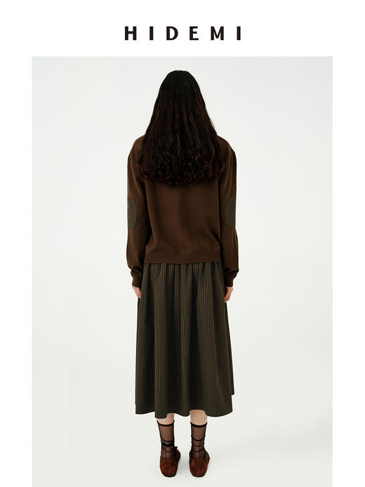 HIDEMI美利奴羊毛巧克力色拼接格纹设计感拼接纽扣圆领开衫毛衣 商品图5