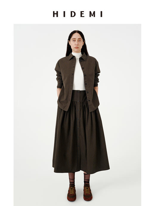 HIDEMI 进口色织格纹纽扣设计感褶皱半身长裙半身裙 商品图3