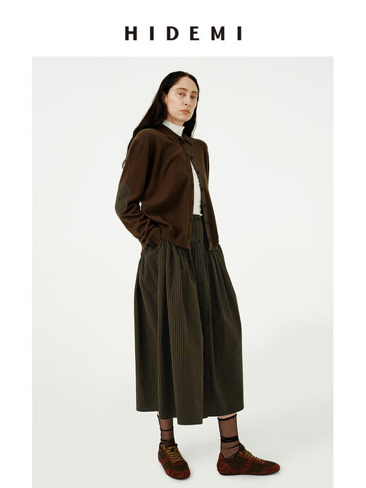 HIDEMI美利奴羊毛巧克力色拼接格纹设计感拼接纽扣圆领开衫毛衣 商品图3