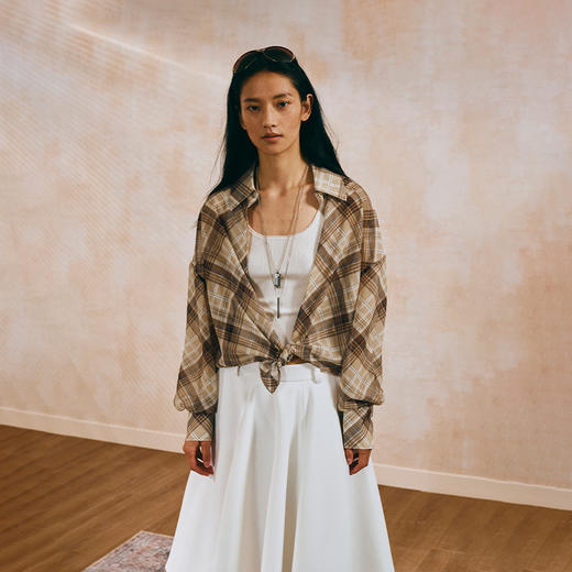 NUTH垂感半透度假宽松复古格纹衬衫女 商品图2