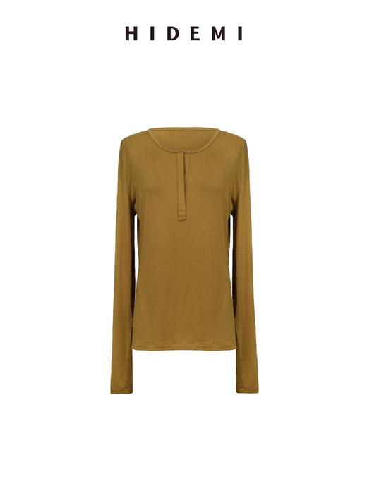 HIDEMI极简超柔软弹力圆领纽扣亨利领廓形长袖针织T恤 商品图10