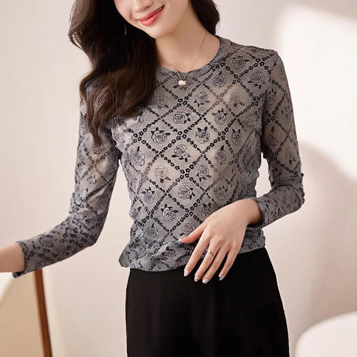 SMZ34269时尚印花网纱长袖T恤女士春季新款高级感百搭显瘦打底衫洋气上衣 商品图1
