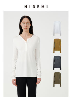HIDEMI极简超柔软弹力圆领纽扣亨利领廓形长袖针织T恤