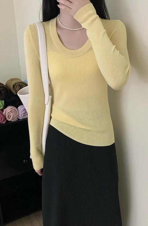 【YW】无忧购韩版纯色修身显瘦正肩鹅蛋领长袖百搭小衫867# 商品图6