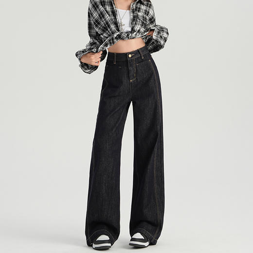 罗蒙春季女式牛仔裤高腰直筒宽松显瘦牛仔裤棉质水洗休闲百搭女长裤阔腿裤女 商品图2