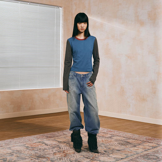 NUTH拼色正肩纯棉薄款长袖针织T恤上衣女 红灰拼色/蓝灰拼色 商品图4