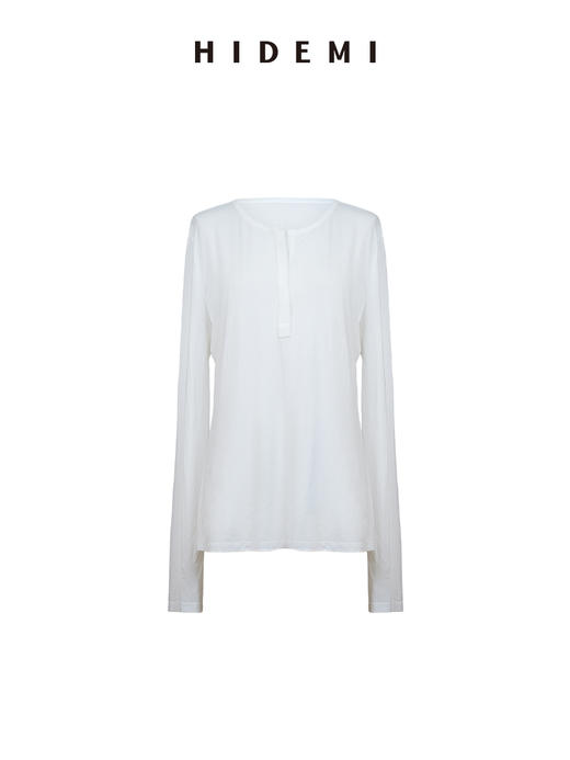 HIDEMI极简超柔软弹力圆领纽扣亨利领廓形长袖针织T恤 商品图9