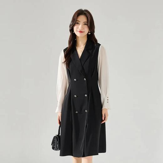 【高货sh】全新升级【铂金会员358/天猫479/差价121】(04853) 洛诗琳春季黑色西装领拼接收腰法式气质通勤中长款连衣裙 商品图1