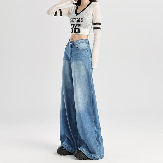 罗蒙春季女式牛仔裤女宽松显瘦休闲舒适百搭阔腿裤棉混纺水洗女长裤 商品图7