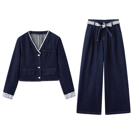 HR-EBDU951春季新款休闲套装女装牛仔V领开衫小众时尚阔腿裤两件套系带 商品图4