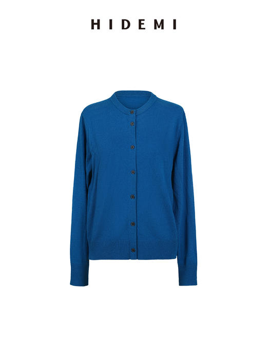 HIDEMI 进口美利奴羊毛宝石蓝极简圆领纽扣开衫毛衣 商品图6