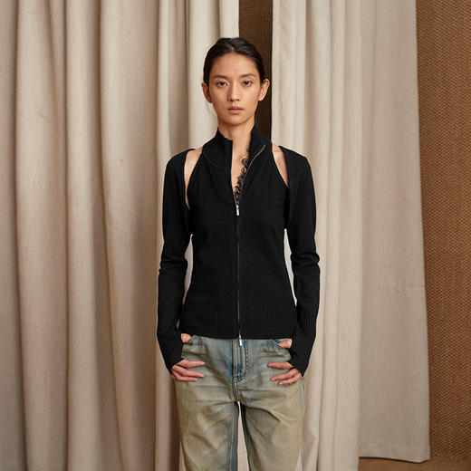 NUTH 多穿显瘦长袖针织披肩双头拉链背心两件套女 商品图0