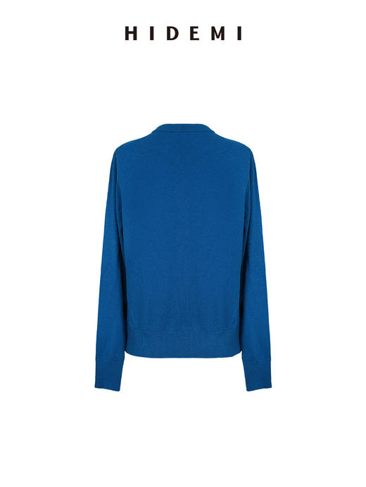 HIDEMI 进口美利奴羊毛宝石蓝极简圆领纽扣开衫毛衣 商品图7