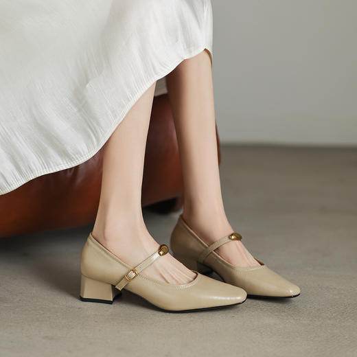 阿么手工女鞋春季新款真皮粗跟单鞋4CM小清新百搭玛丽珍鞋不掉跟 商品图4