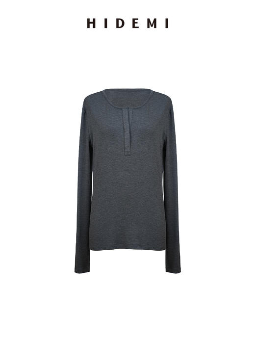 HIDEMI极简超柔软弹力圆领纽扣亨利领廓形长袖针织T恤 商品图11