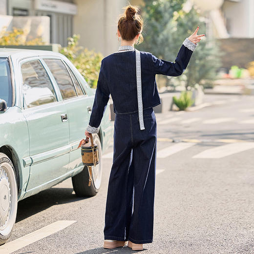 HR-EBDU951春季新款休闲套装女装牛仔V领开衫小众时尚阔腿裤两件套系带 商品图1