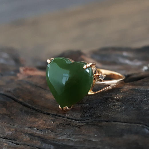 【天然正品】AU750玫瑰金镶天然心型和田玉碧玉戒指16号（戒圈可改）女士现售价：1480特价！100225NJS10 商品图2