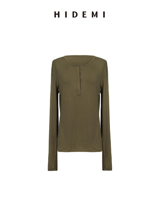 HIDEMI极简超柔软弹力圆领纽扣亨利领廓形长袖针织T恤 商品图12
