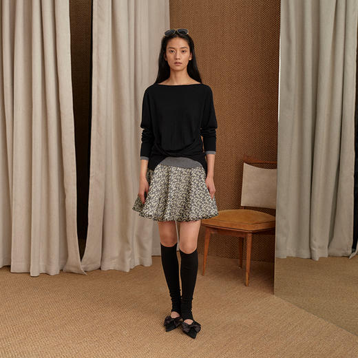 NUTH 斜领纽结撞色针织衫女假两件露肩长袖针织上衣 黑色 商品图0