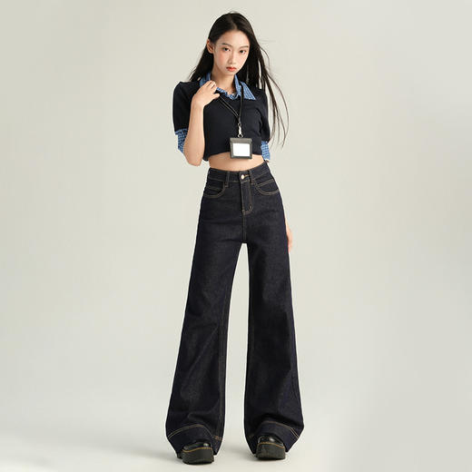 罗蒙春夏女式牛仔裤宽松显瘦舒适休闲百搭高腰阔腿裤女长裤喇叭裤 商品图5