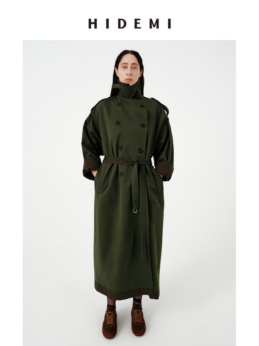 HIDEMI极简设计感色织格纹拼接斗篷式飞行员长款可拆卸腰带风衣女 商品图5