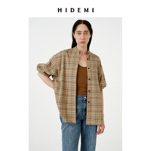 HIDEMI饼干色色织格纹小立领圆领廓形宽松衬衫 商品图6