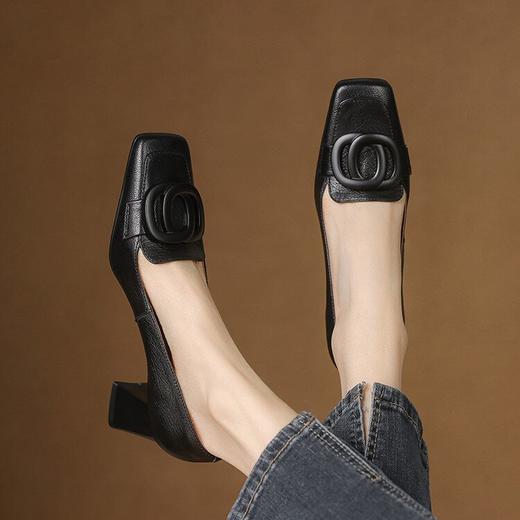 【预售5天】真皮金属扣浅口单鞋女新款法式复古百搭方头高跟小皮鞋SLLK&sl-7882 商品图3
