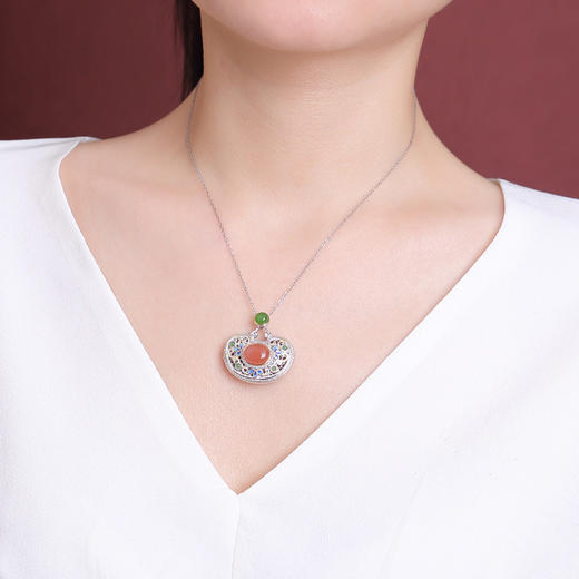 【元宝圆梦】S925银镀金水红南红和田玉碧玉吊坠【CW-DZ06698】 商品图3