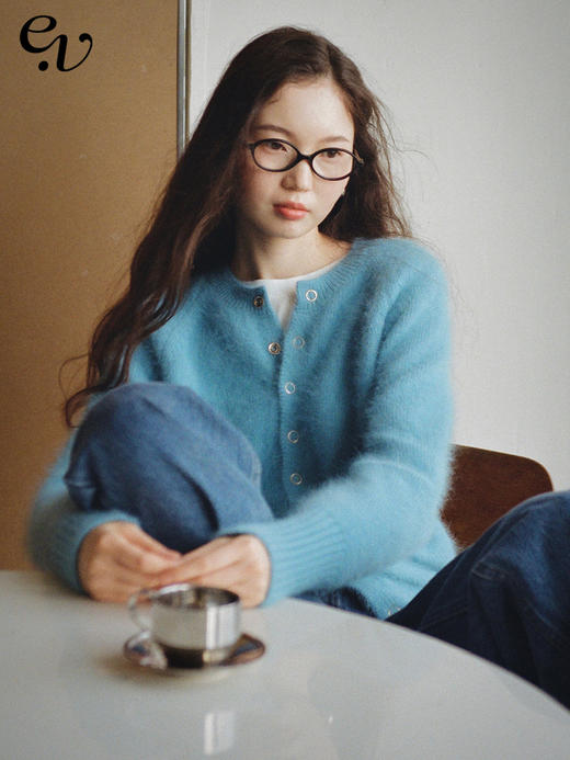 【现货】Even Vintage|高比例动物毛 唯美湖蓝色日常时髦针织开衫外套 商品图0