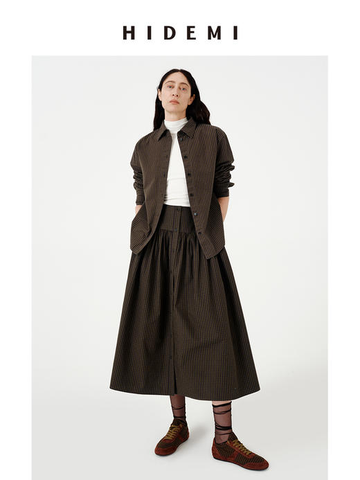 HIDEMI 进口色织格纹纽扣设计感褶皱半身长裙半身裙 商品图4