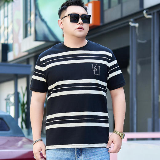 【纯棉】【DYG】大依优型大码男装短袖条纹t恤衫薄款宽松条纹男弹力短袖T恤胖子上衣 商品图3
