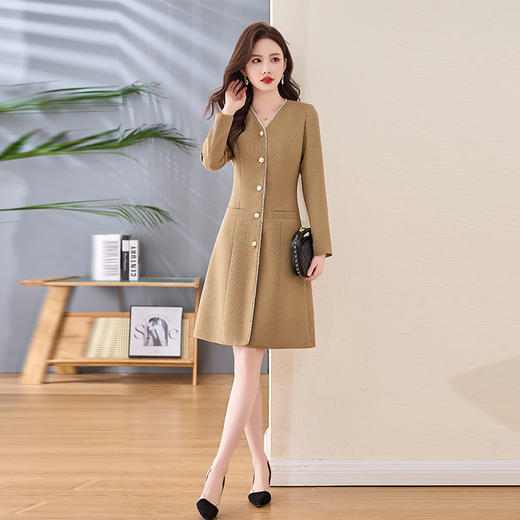 HR-LSNY2555春季新款长袖收腰气质时尚小香风中长款单排扣显瘦通勤连衣裙 商品图3