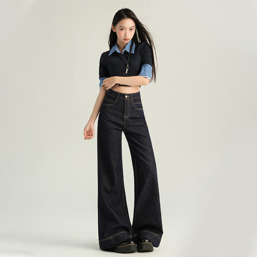 罗蒙春夏女式牛仔裤宽松显瘦舒适休闲百搭高腰阔腿裤女长裤喇叭裤 商品图4