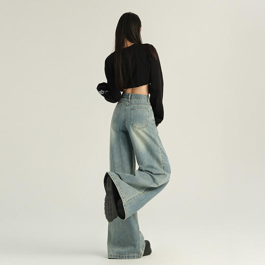罗蒙春季女式牛仔裤女宽松显瘦休闲舒适百搭阔腿裤棉混纺水洗女长裤 商品图4