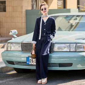 HR-EBDU951春季新款休闲套装女装牛仔V领开衫小众时尚阔腿裤两件套系带