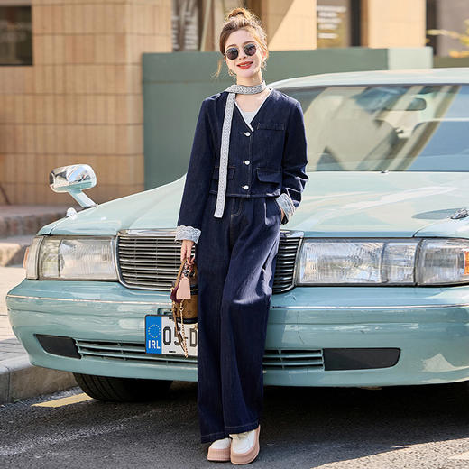 HR-EBDU951春季新款休闲套装女装牛仔V领开衫小众时尚阔腿裤两件套系带 商品图0