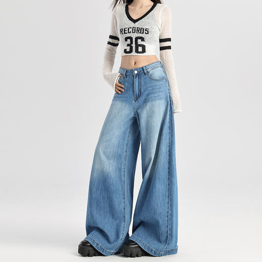 罗蒙春季女式牛仔裤女宽松显瘦休闲舒适百搭阔腿裤棉混纺水洗女长裤 商品图8