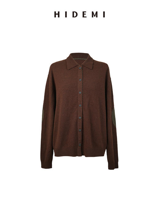 HIDEMI美利奴羊毛巧克力色拼接格纹设计感拼接纽扣圆领开衫毛衣 商品图6