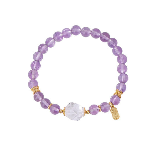 【喜乐安康】S925银镀金紫水晶白水晶福牌圆珠手链【CW-SL11732-8】 商品图4