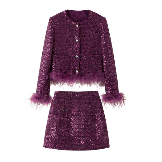 HR-YJLY1329财阀千金系列2025新款早春miu系重工亮片两件套鸵鸟毛套装 商品图4