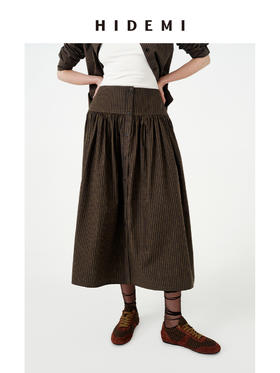 HIDEMI 进口色织格纹纽扣设计感褶皱半身长裙半身裙