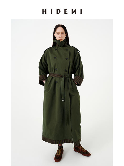 HIDEMI极简设计感色织格纹拼接斗篷式飞行员长款可拆卸腰带风衣女 商品图0