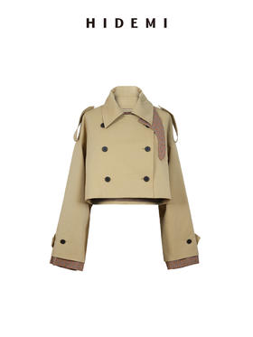 HIDEMI超重工极简翻领设计感格纹拼接军装风短款风衣