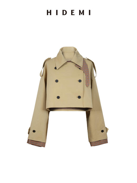 HIDEMI超重工极简翻领设计感格纹拼接军装风短款风衣 商品图0