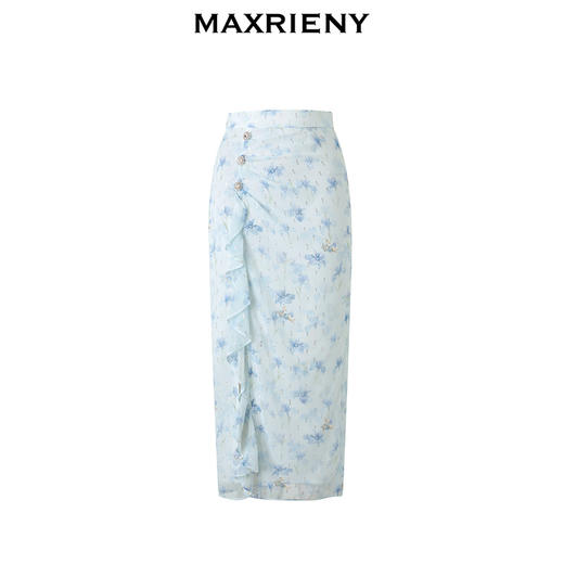 MAXRIENY浪漫感荷叶边开衩半裙雪纺印花半身裙子(货号:MS85SK011) 商品图4